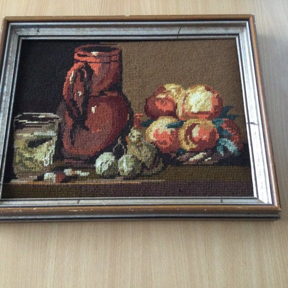 Beautiful handmade needlework yarn art wall hanging framed still life fruits mug - Picture 3 of 7